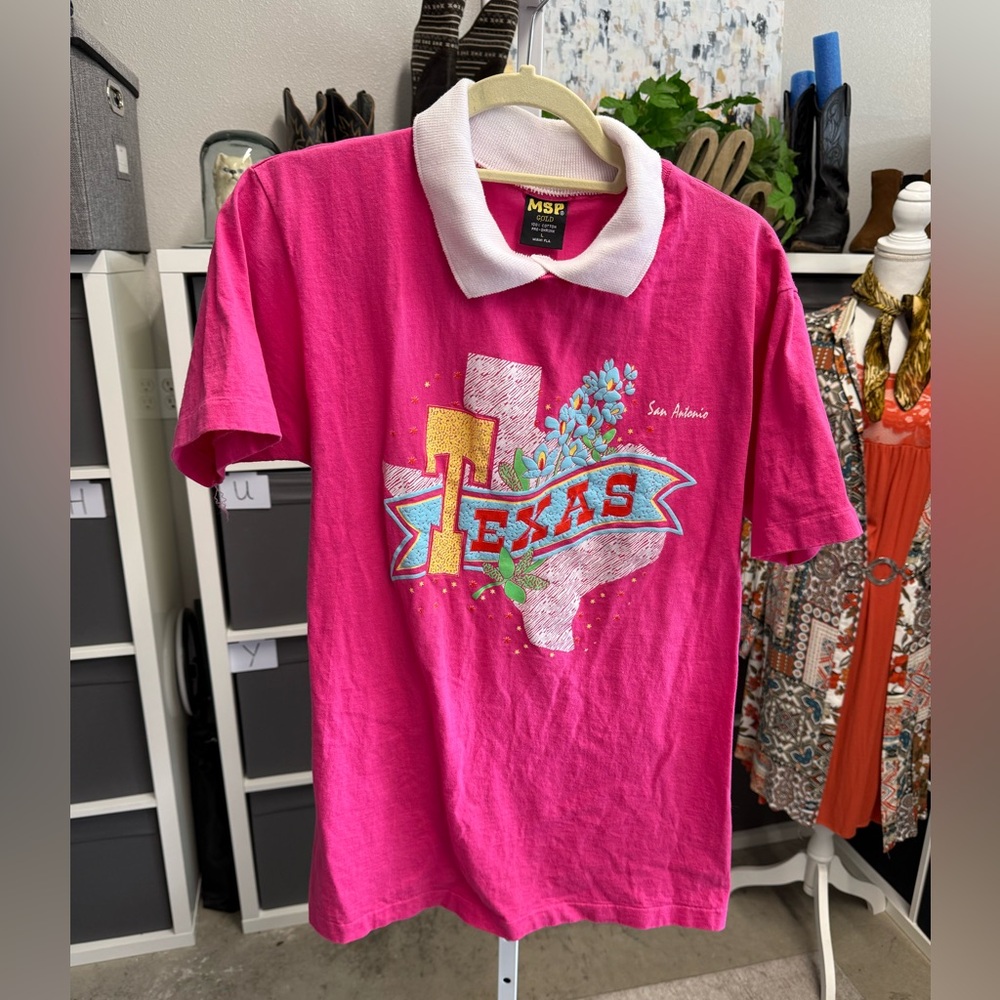 MSP Gold Vintage Grannycore Pink San Antonio Collared Texas Tee Shirt
